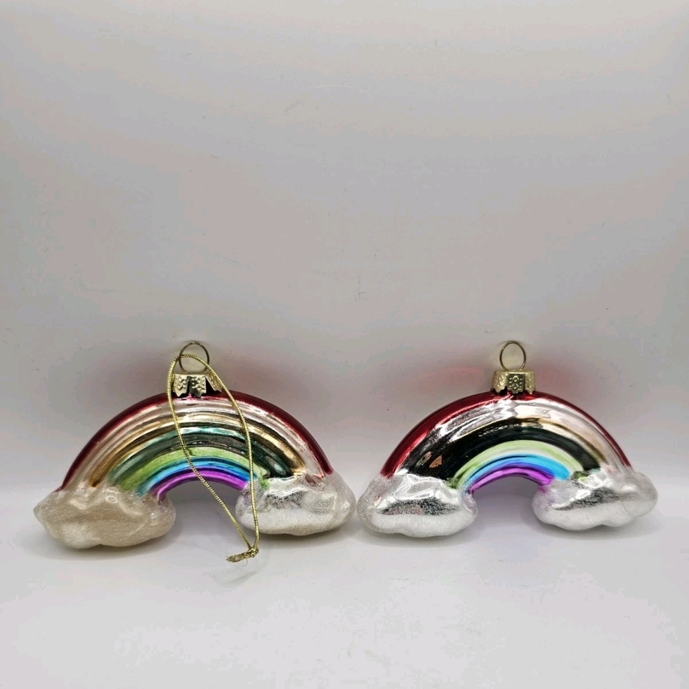 Kurt Adler Rainbow Christmas Ornament Blown Glass Mica Painted Ornament Set Of 2